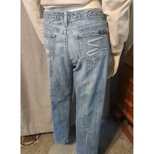 Seven7 Women's Straight Ankle Jeans Size 10 Mid Rise Embroidered Pocket Med Wash
